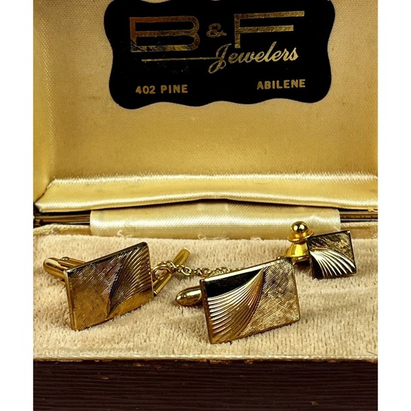 Yellow Gold 14K Filled 1/20th Quality Vintage Cuff Links & Tie Tack Set w/ Box - Picture 16 of 16